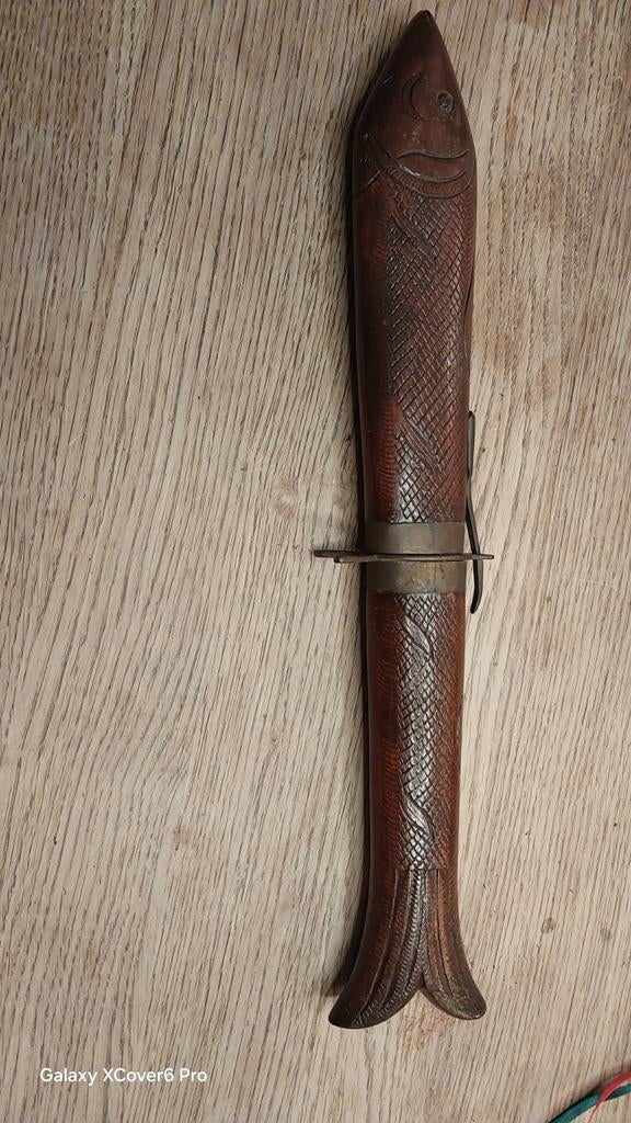 Vintage mes en vork set met vis handvat, Antiek en Kunst, Antiek | Bestek, Ophalen of Verzenden