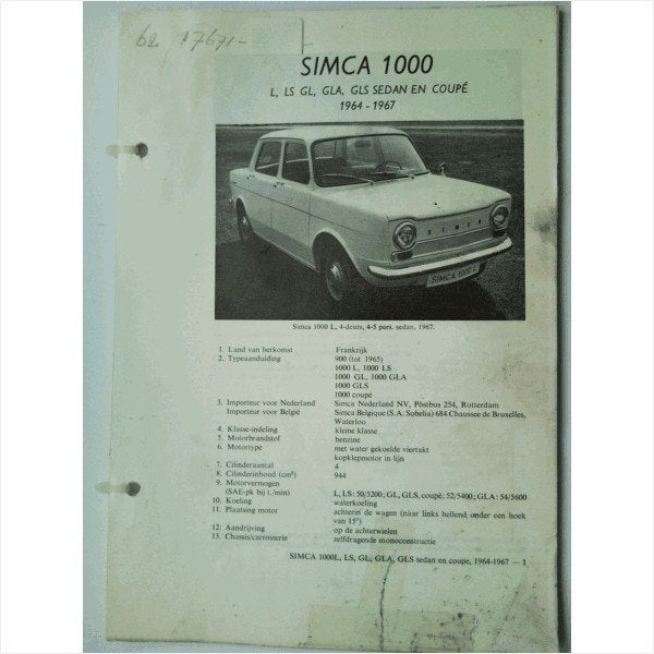 Simca 1000 Vraagbaak losbladig 1964-1967 #2 Nederlands, Ophalen of Verzenden, Gelezen, Overige merken