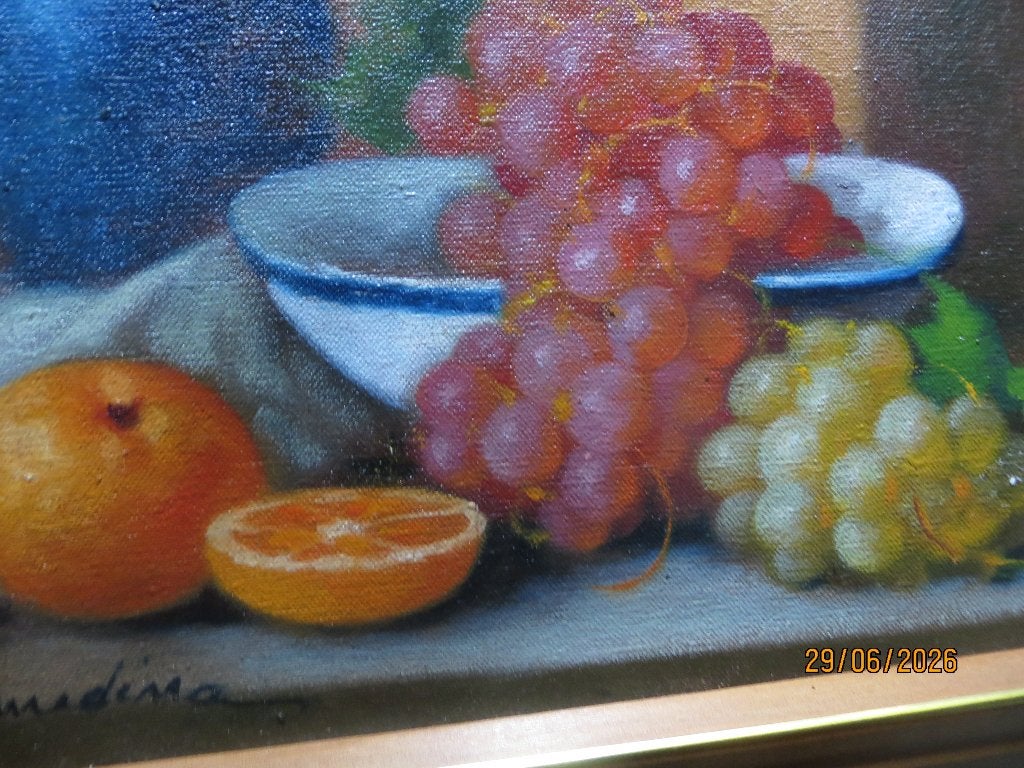 stilleven, met fruit, en schaal in mooi lijstje Medina ??, Antiek en Kunst, Kunst | Schilderijen | Klassiek, Ophalen, Olieverf