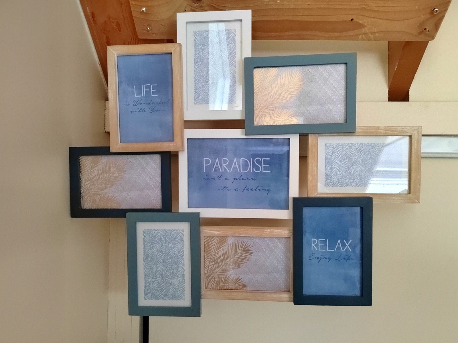 Fotolijst collage met 9 lijsten - Blauw/Wit/Hout, Ophalen, Hangend, Blauw, Collagelijst