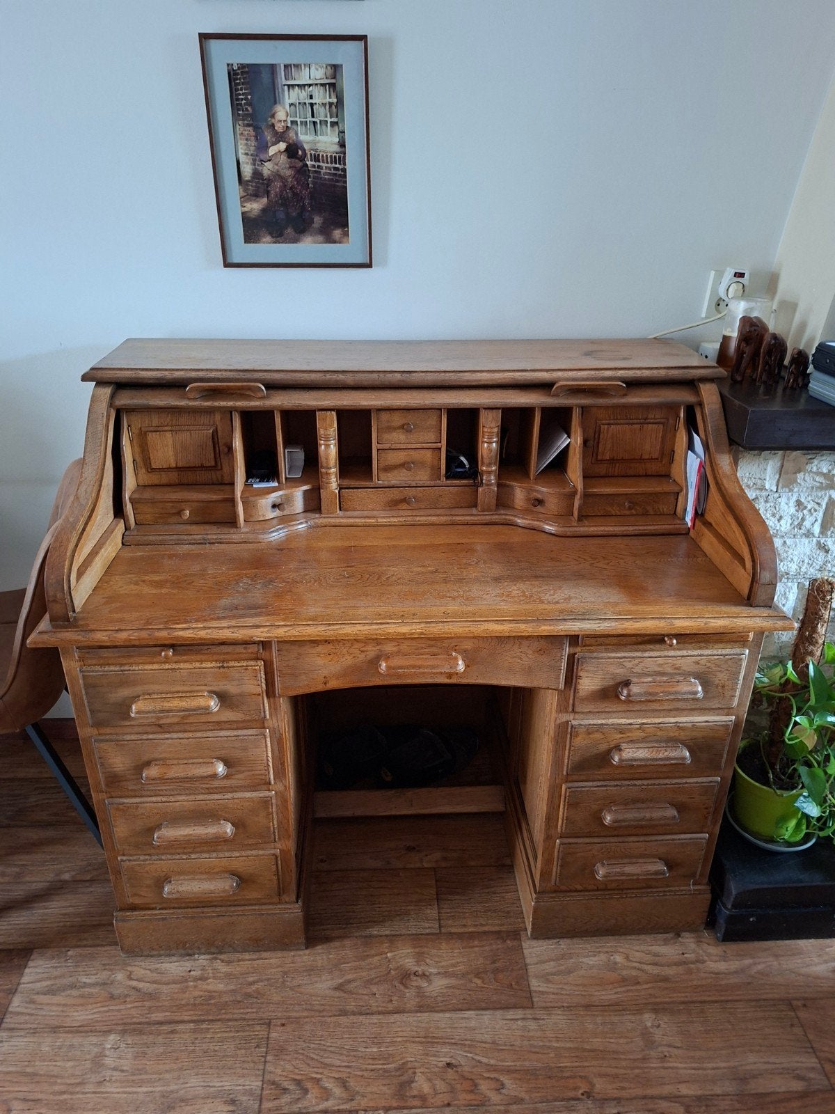 Antiek rolluiken bureau met diverse opbergruimtes, Huis en Inrichting, Ophalen, Met lades, Gebruikt, Hout