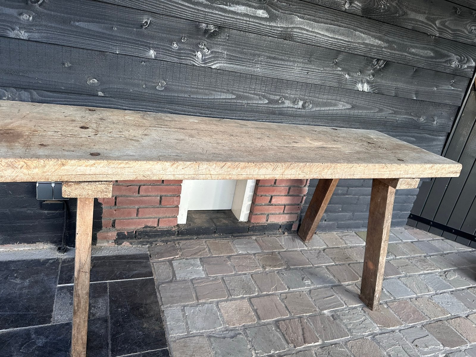 Rustieke houten slagersbank/tafel van oud eikenhout, Ophalen