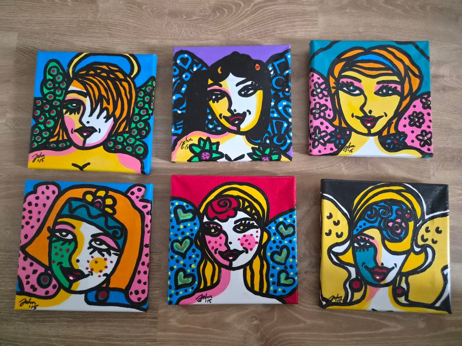 Set van 6 kleurrijke pop-art  stijl schilderijen, 20x20 cm, Gesigneerd, Acrylverf, Ophalen of Verzenden, Portret