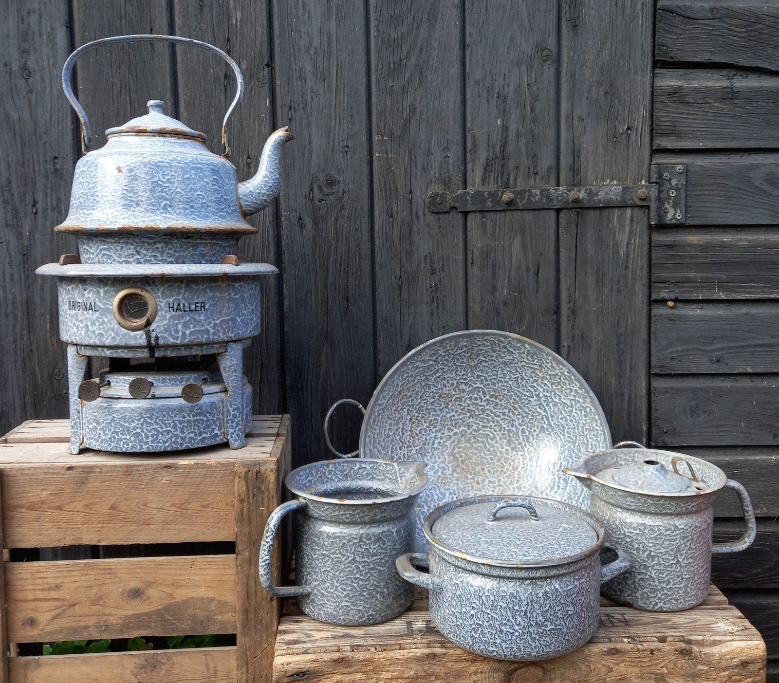 Vintage gewolkt emaille petroleumstel en pannen, Antiek en Kunst, Ophalen of Verzenden