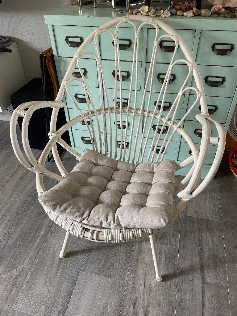 Vintage retro Rohe Noordwolde stoel rotan fauteuil boho wit, Gebruikt, Wit, Ophalen of Verzenden, Metaal