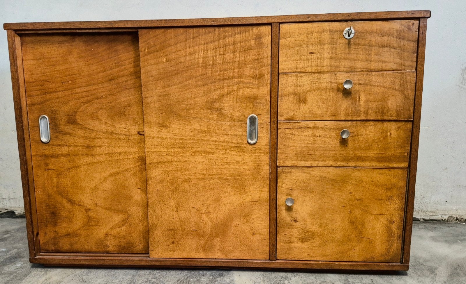 Retro Houten Kastje met Schuifdeuren, Lades en Klapdeur, Ophalen, Gebruikt
