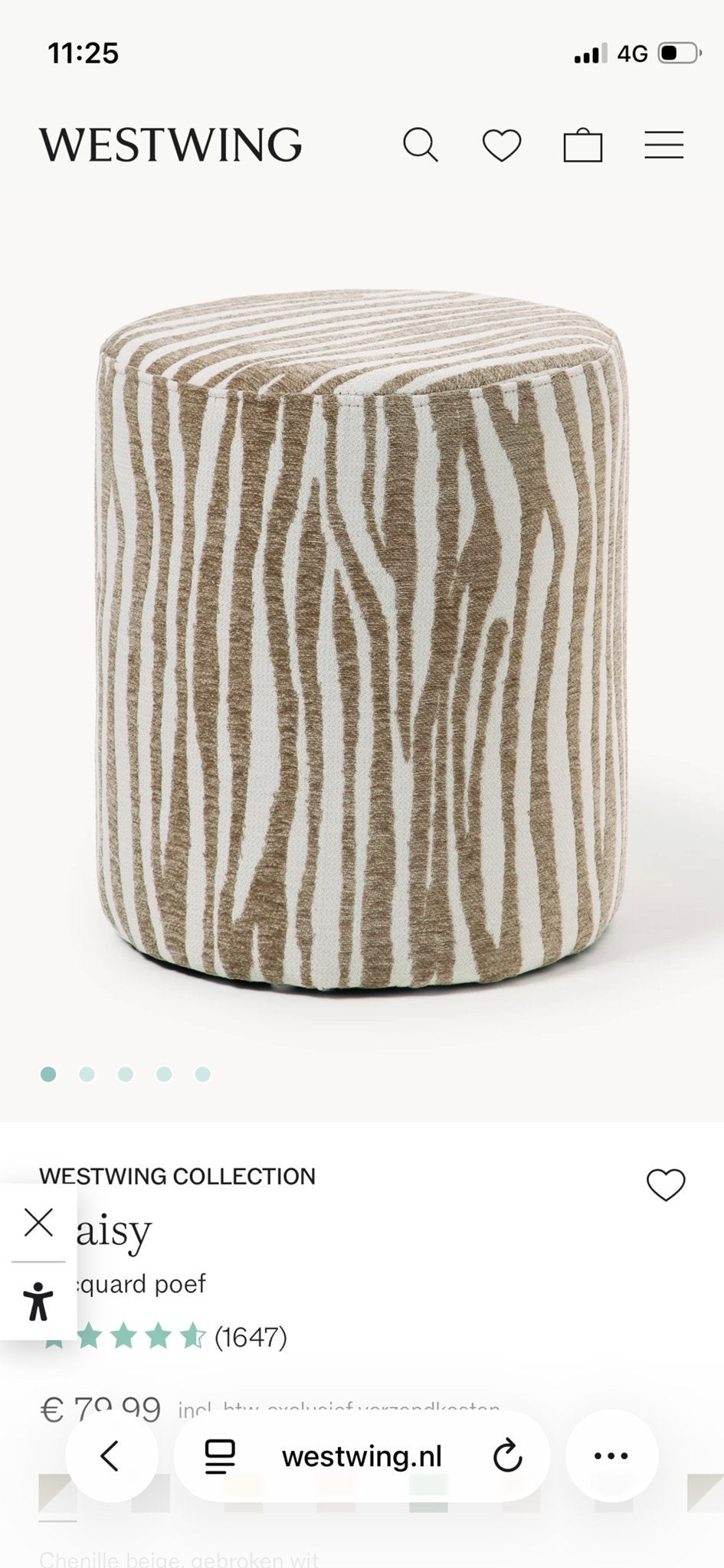 Nieuwe Westwing Daisy Jacquard Poef - Zebraprint, Huis en Inrichting, Ophalen, Rond, Nieuw, Minder dan 50 cm