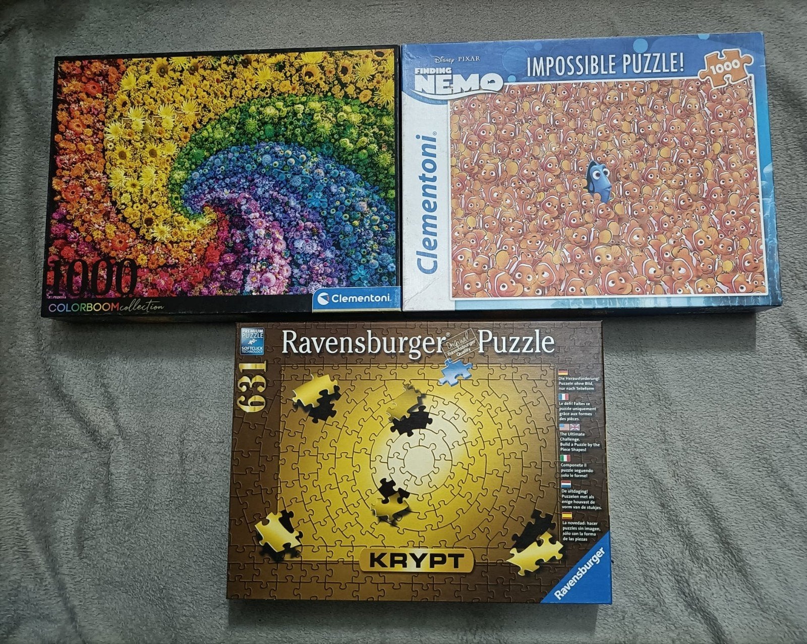 3 Legpuzzels: Clementoni Colorboom, Nemo, Ravensburger Krypt, Ophalen, 500 t/m 1500 stukjes, Gebruikt, Legpuzzel