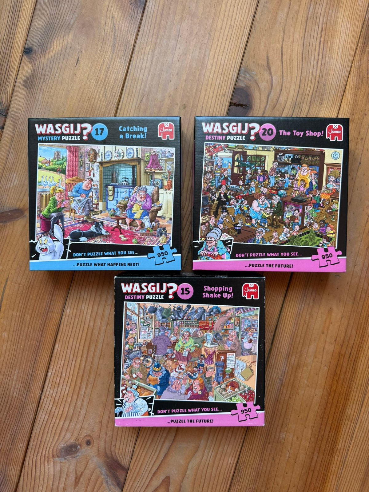 3 WASGIJ puzzels van 950 stukjes, Ophalen of Verzenden, 500 t/m 1500 stukjes, Zo goed als nieuw