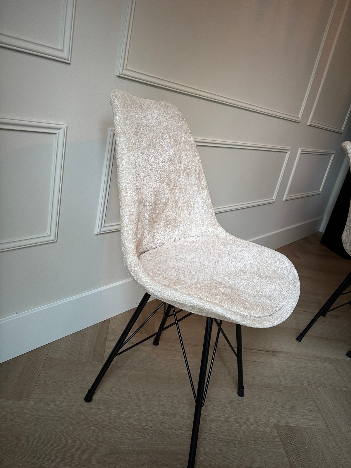 6 Eetkamerstoelen - Crème Bouclé Stof met Zwarte Poten, Gebruikt, Overige kleuren, Ophalen of Verzenden, Stof