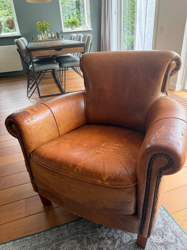 Vintage schaaplederen clubfauteuil, Ophalen, Minder dan 50 cm, Gebruikt, Minder dan 75 cm