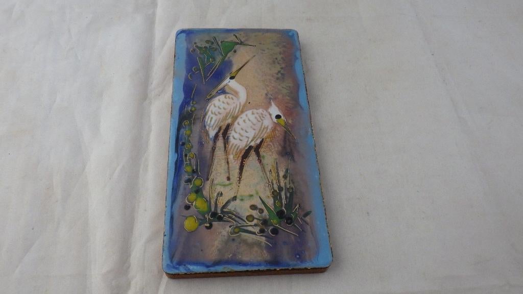 oud geëmailleerde wandplaat met afbeelding van een reiger, Verzamelen, Ophalen of Verzenden, Huis en Inrichting