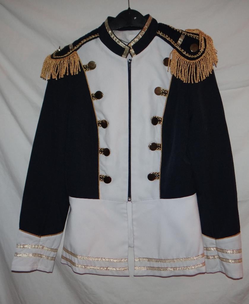 Leuke blauw/wit/goud CARNAVAL/OFFICIER/GARDE jas, Ophalen, Carnaval, Kleding, Maat 36 (S)