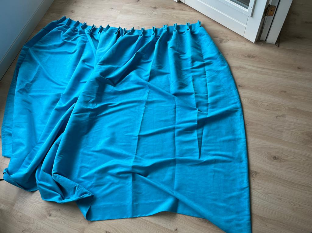 Turkooise blauw velours gordijnen, Ophalen, Gebruikt, 100 tot 150 cm, Blauw