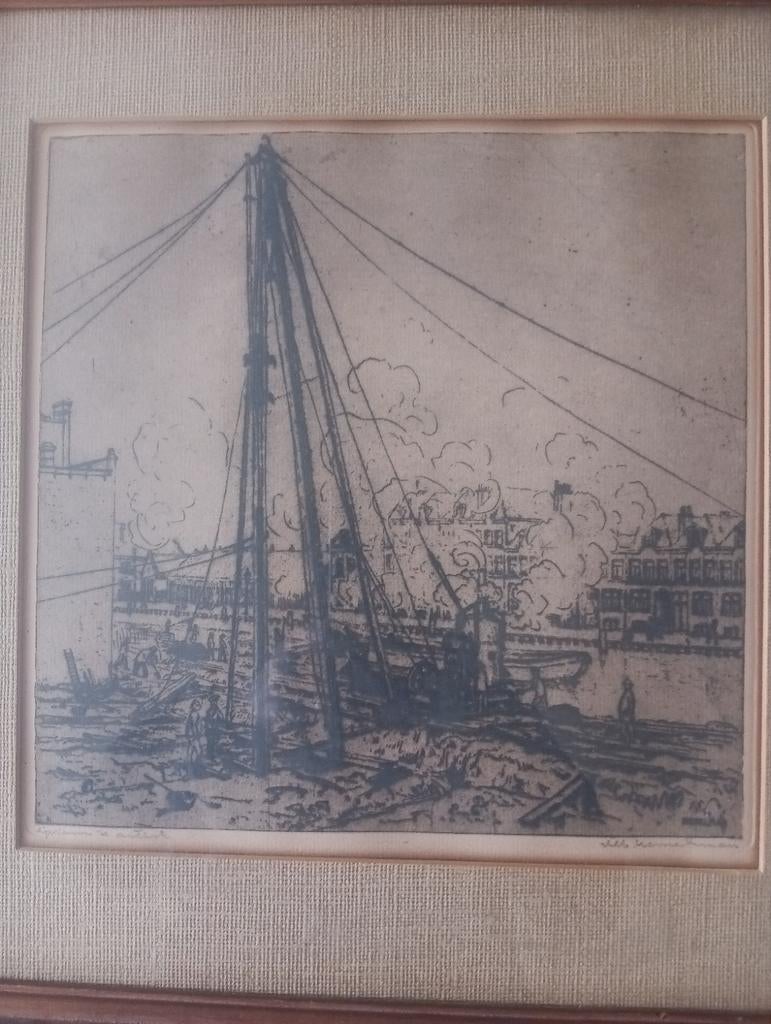 Ets gesigneerd Albert Hemelman ( 1883-1951) aan de haven, Ets, Stadsgezicht, Ophalen of Verzenden, Gesigneerd