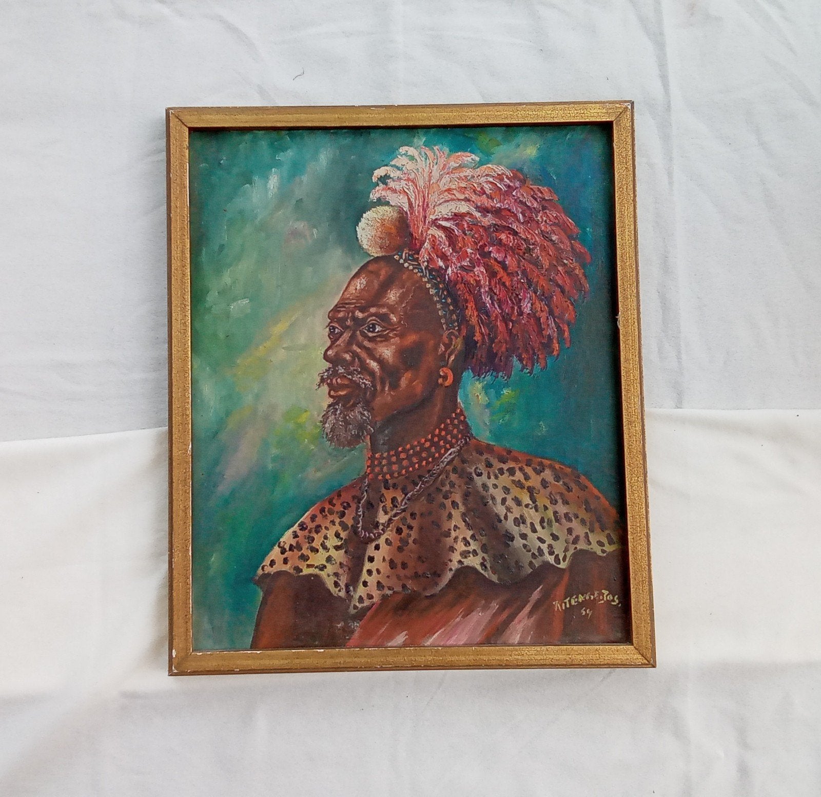 Mooi Afrikaans schilderij van het dorpshoofd, Antiek en Kunst, Kunst | Niet-Westerse kunst, Ophalen, Schilderij, Afrika, Overige materialen