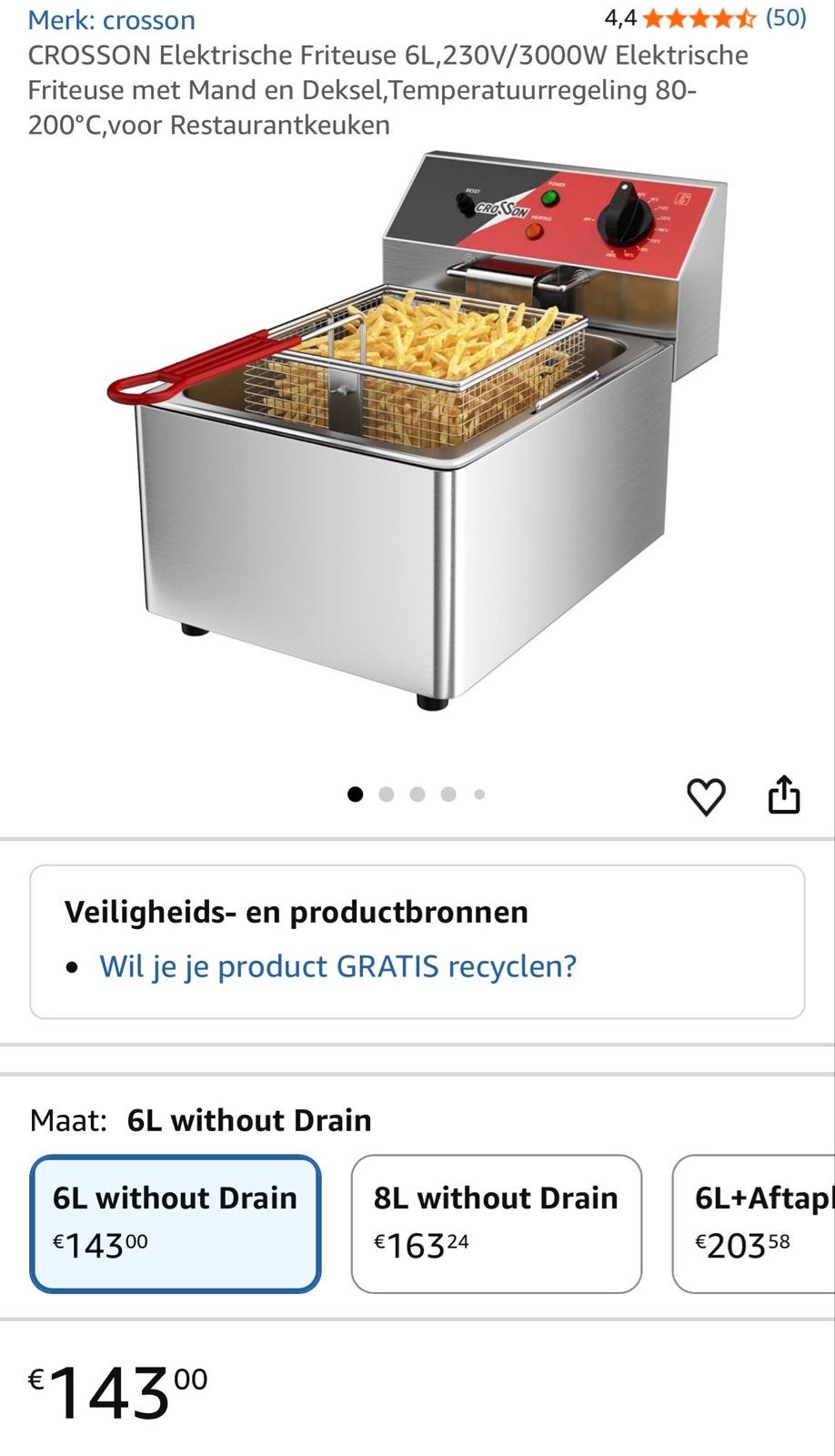 Crosson Elektrische Friteuse 6L - Nieuw in doos, 4 liter of meer, Ophalen of Verzenden, Nieuw, Uitneembare binnenpan