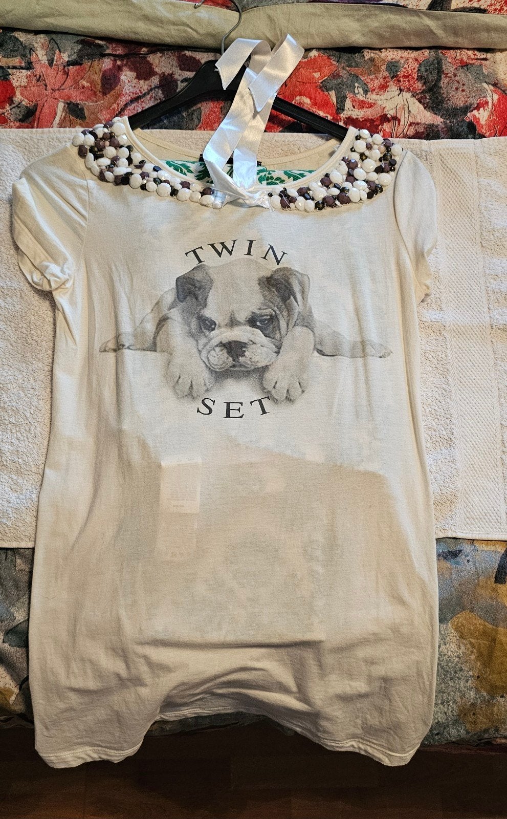 Twin-Set T-shirt met bulldog print en kraagje maat M, Maat 38/40 (M), Wit, Ophalen of Verzenden, Twin-Set
