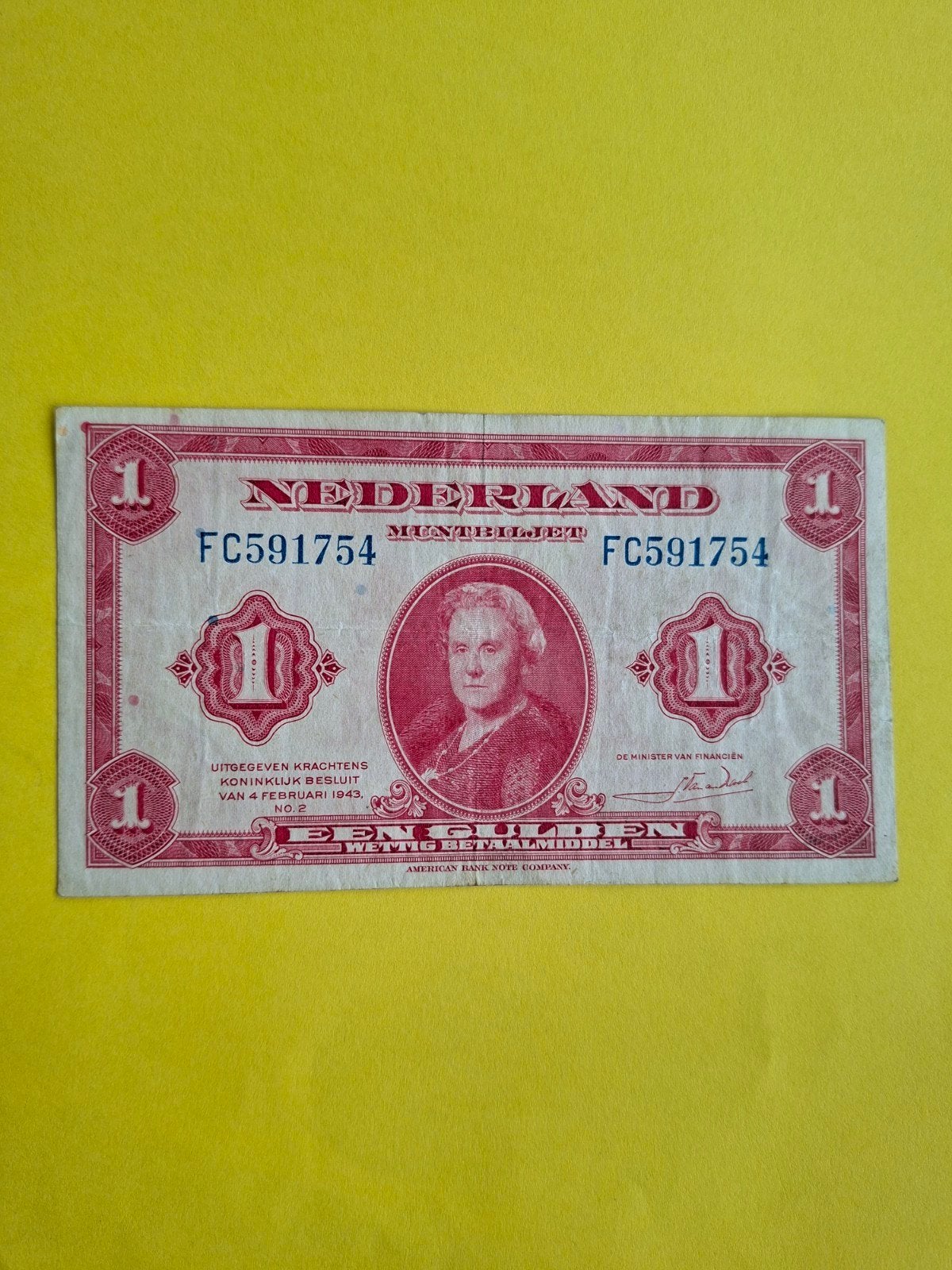 1 gulden Wilhelmina uit 1943
in ZF
Serie nummer FC 591754
NV, Ophalen of Verzenden, 1 gulden, Los biljet