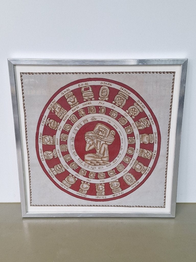 leren Maja Azteekse Tzolkin kalender suede ingelijst 52x52cm, Zilver, Textiel, Ophalen of Verzenden, Zo goed als nieuw