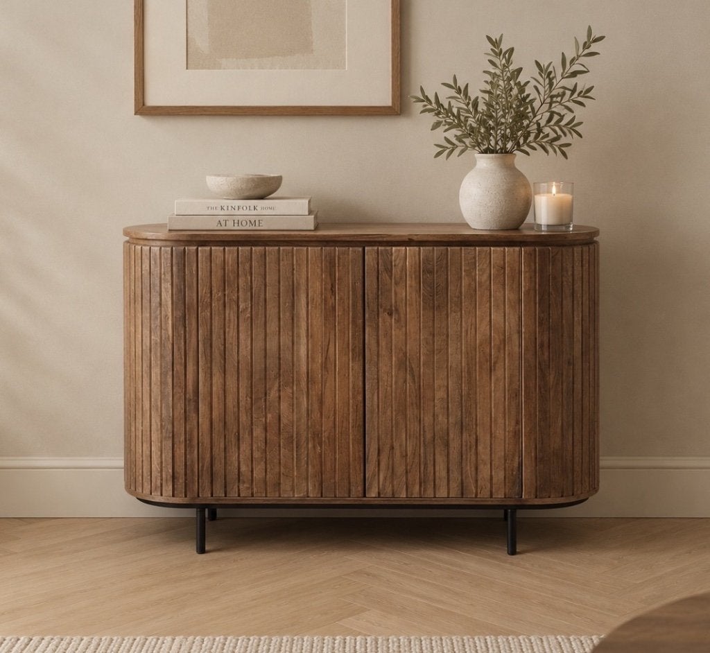 Magazijn Leegverkoop Dressoir Noor retro mangohout ribbel, Hout, Nieuw, Ophalen of Verzenden, Info@wkhome.nl