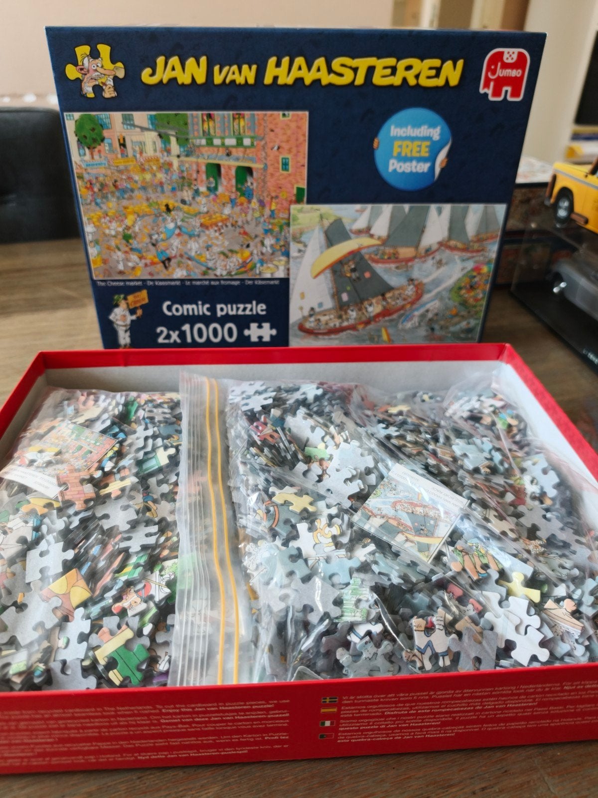 Jan van Haasteren 2x1000 puzzel: Kaasmarkt & Zeilrace, Ophalen of Verzenden, 500 t/m 1500 stukjes, Zo goed als nieuw, Legpuzzel