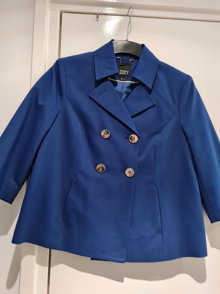 Chique koningsblauw damespak - Jasje 36, Broek 40, Kleding | Dames, Maat 38/40 (M), Blauw, Ophalen of Verzenden, Zo goed als nieuw