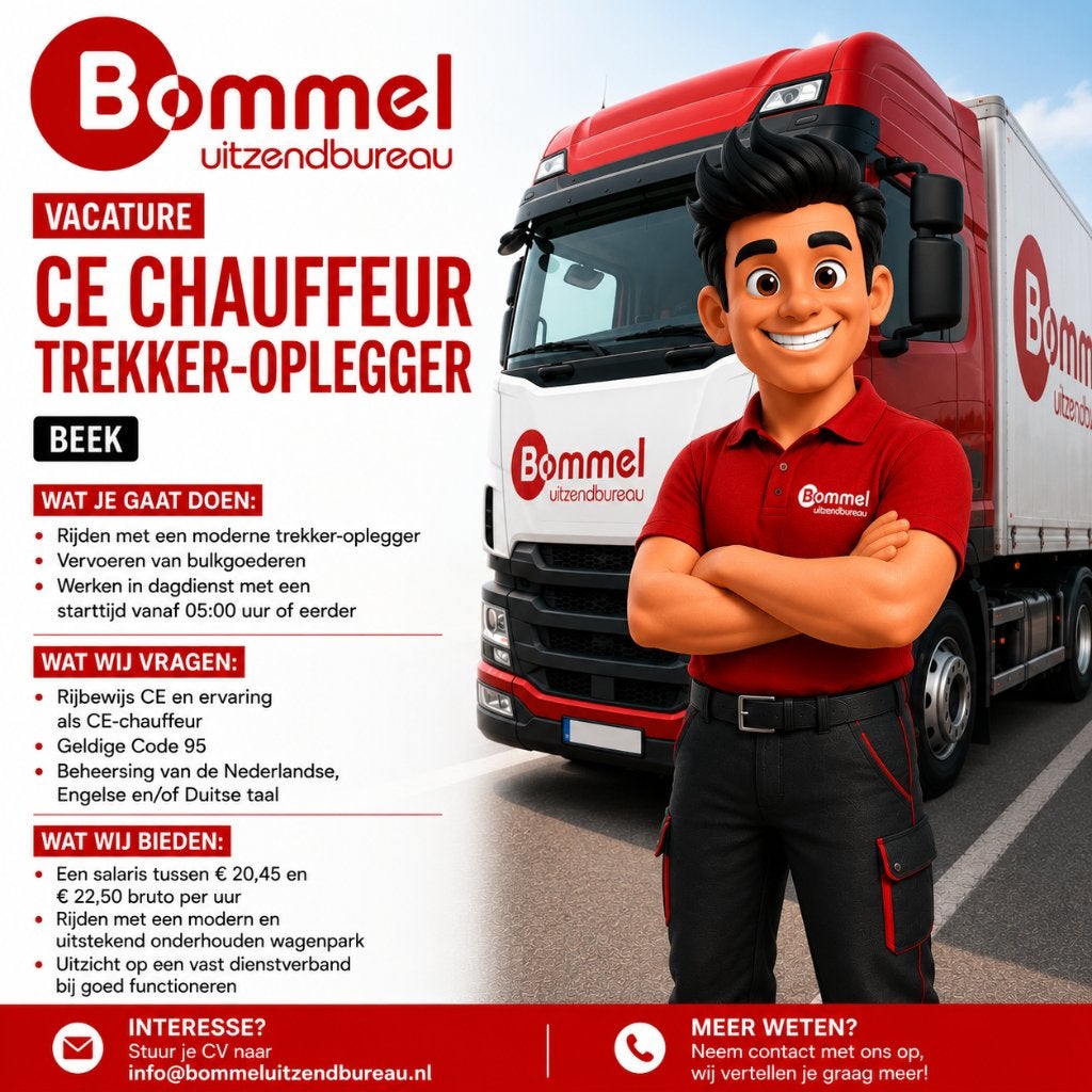 CE Chauffeur Trekker-Oplegger, 33 - 40 uur, LBO / VMBO, Vanaf 1 jaar, Vast contract