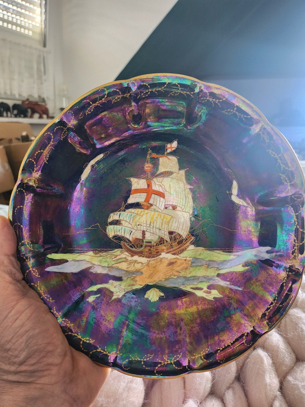 Antiek Crown Devon Fielding's iriserend schip schaal, Antiek en Kunst, Ophalen of Verzenden