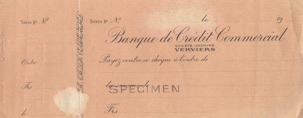 CHEQUE BANQUE DE CREDIT COMMERCIAL VERVIERS 1900-1999, Verzamelen, Ophalen of Verzenden, Gebruikt