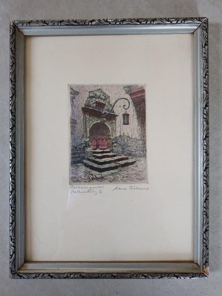 Antieke ets van Hans Böhme - Rathaus Rothenberg, Antiek en Kunst, Ophalen, Ets, Gesigneerd, 1900 - 1949