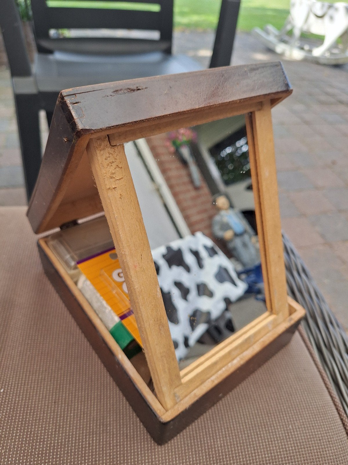 Vintage scheerset in houten doos met spiegel, Antiek en Kunst, Ophalen of Verzenden