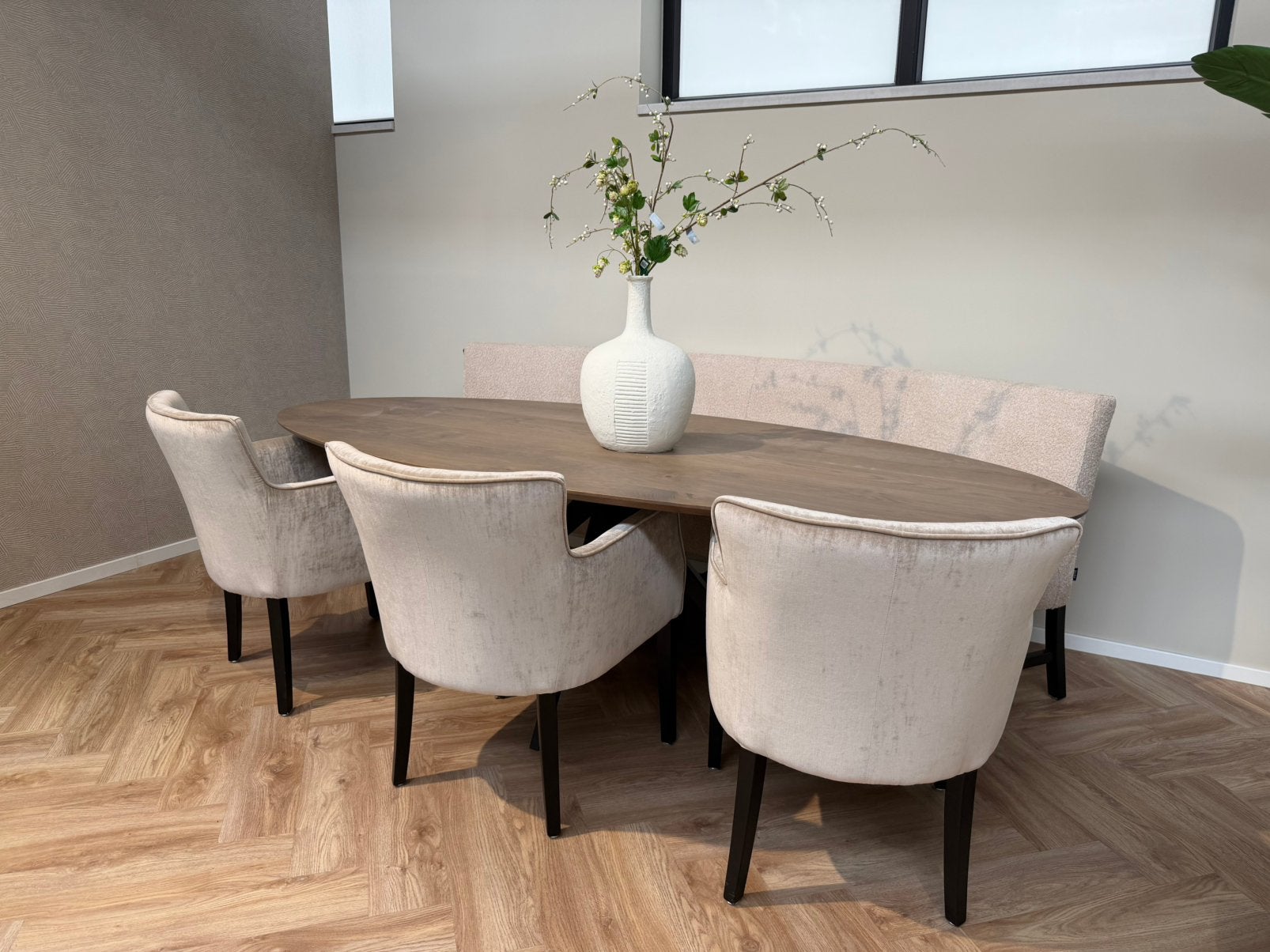 Ovale eetkamerset: massief eiken tafel, 3 stoelen & bank, Ophalen, Gebruikt, Eikenhout, 200 cm of meer