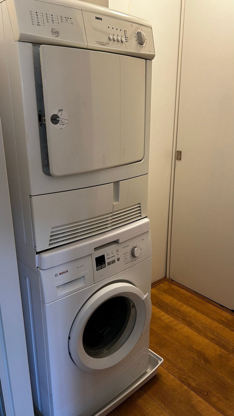 Bosch Wasmachine en Zanussi Condensdroger Set, 6 tot 8 kg, Ophalen, Gebruikt, 85 tot 90 cm