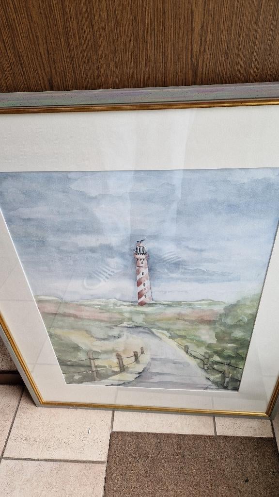 groot schilderij aquarel ? vuurtoren, Ophalen of Verzenden