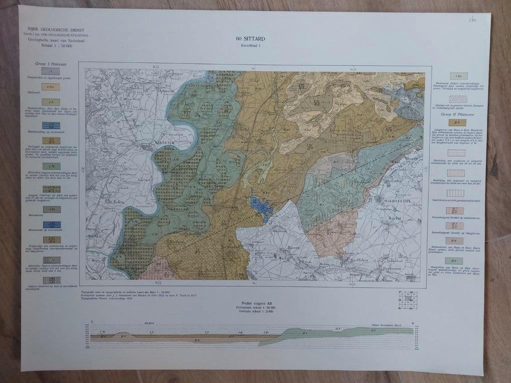 165 / Geologische kaart uit 1938 Sittard e.o. kwartblad I, Ophalen of Verzenden, 1800 tot 2000, Landkaart, Zo goed als nieuw