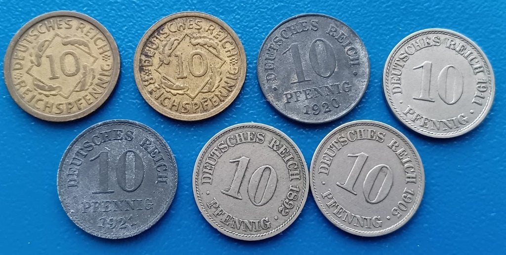 Duitsland lot van 7 x 10 Reichspfennig (1892-1929), Postzegels en Munten, Verzenden, Duitsland, Setje