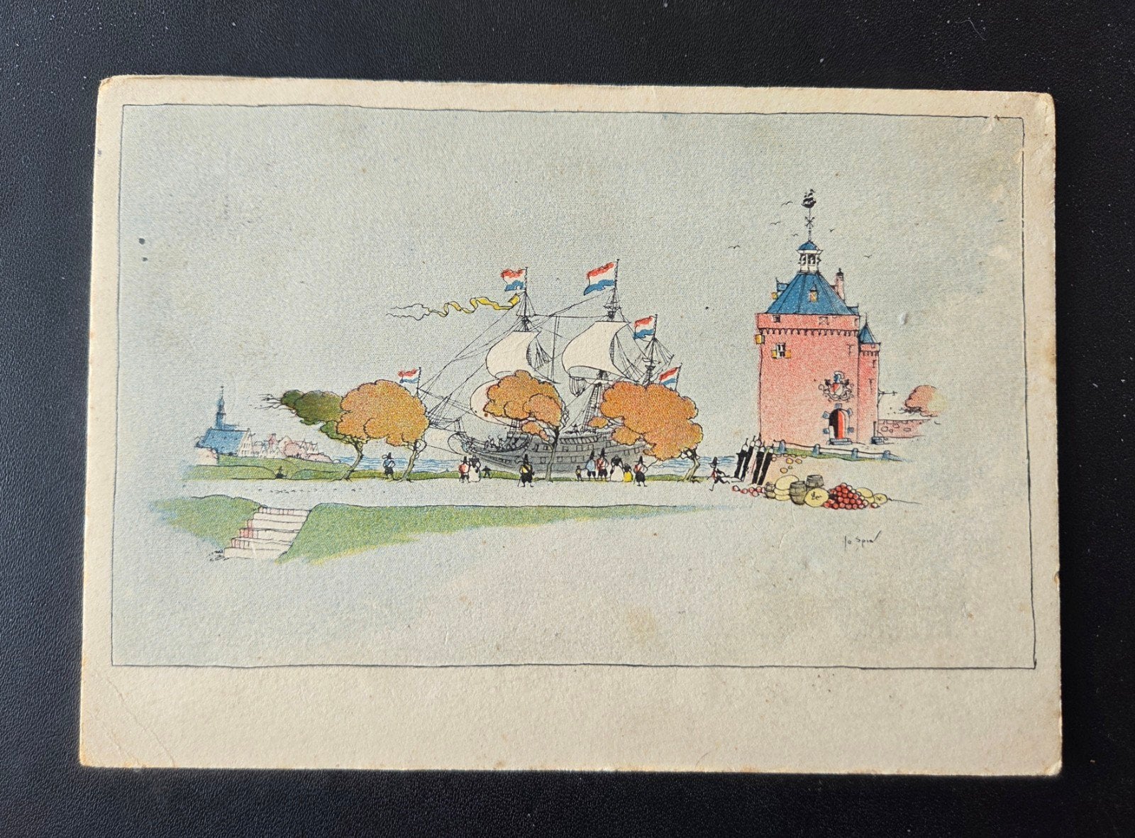 Schip bij stadje - Jo Spier, Verzenden, 1940 tot 1960, Gelopen, Overige thema's