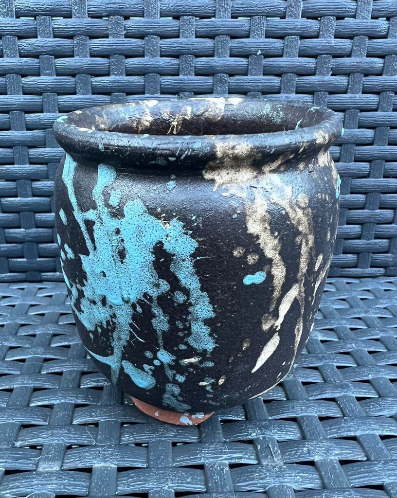 Bonsai Cascade pot zwart-creme-licht blauw geglazuurd 8,9x10, Rond, Ophalen of Verzenden, Zo goed als nieuw, Aardewerk