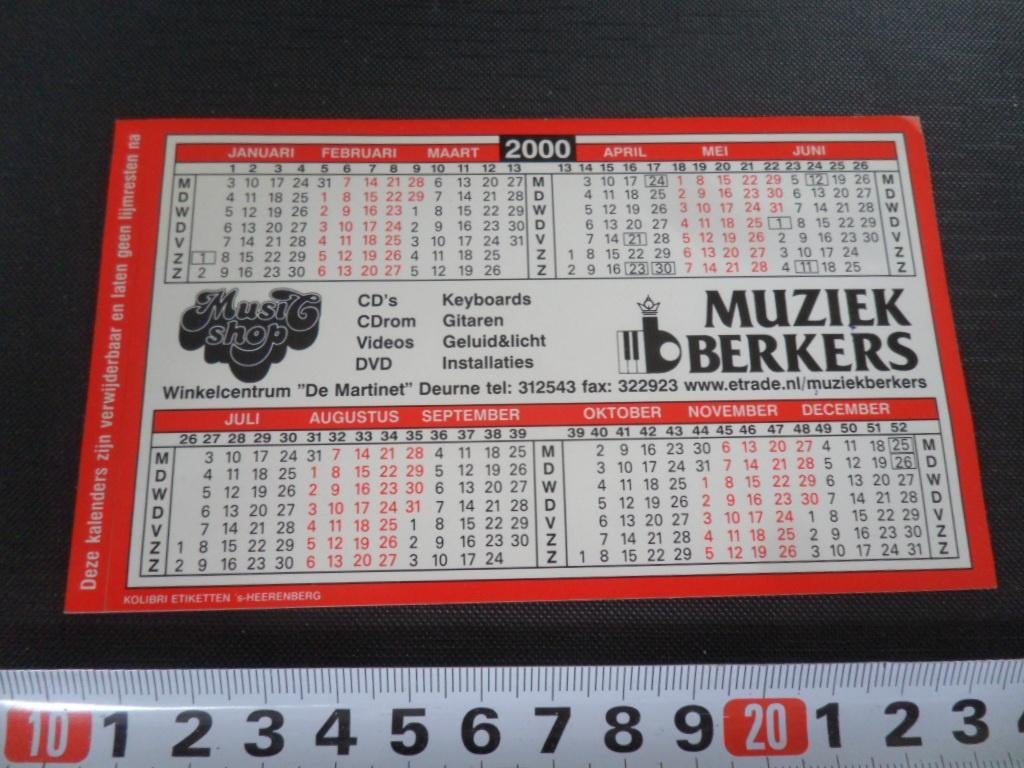 sticker Kalender 2000 Deurne MUZIEK BERKERS De martinet, Verzamelen, Ophalen, Zo goed als nieuw