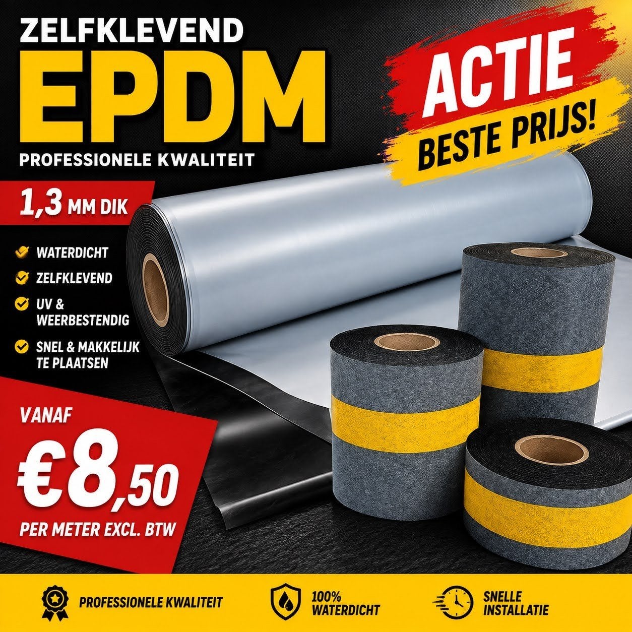 DOE HET ZELF DAKBEDEKKING! Zelfklevende EPDM 1,3mm € 8,50m, Ophalen, Overige materialen, Zwart, Nieuw