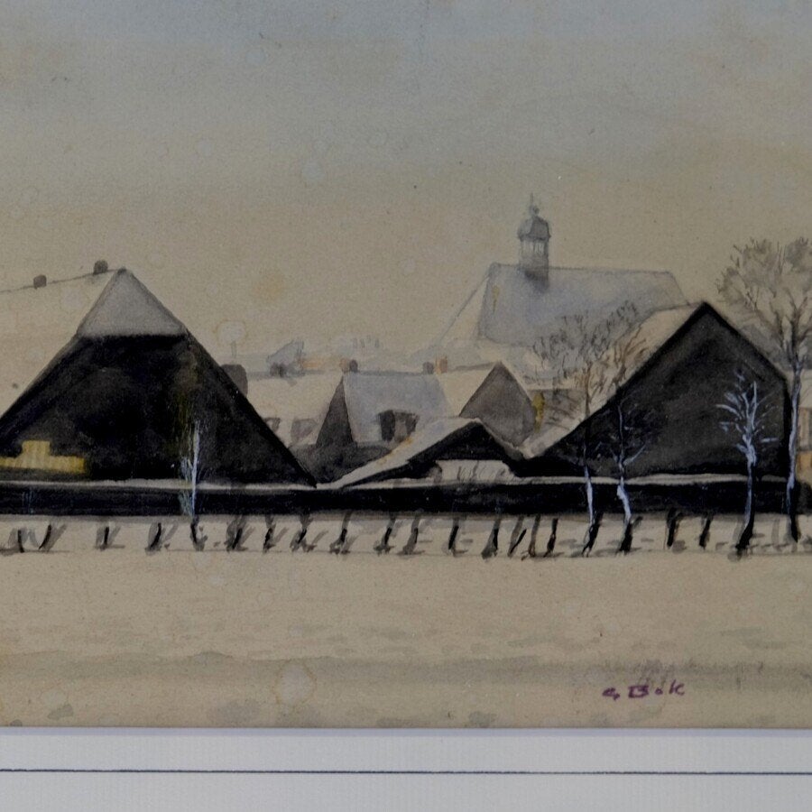Geert Bok (1900-1998) - skûtsje en winters Sneek, Antiek en Kunst, Ophalen of Verzenden