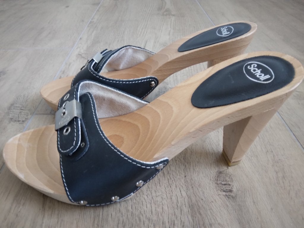 Hoge zwarte lederen kleppers Scholl mt 39, Scholl, Zwart, Zo goed als nieuw, Sandalen of Muiltjes