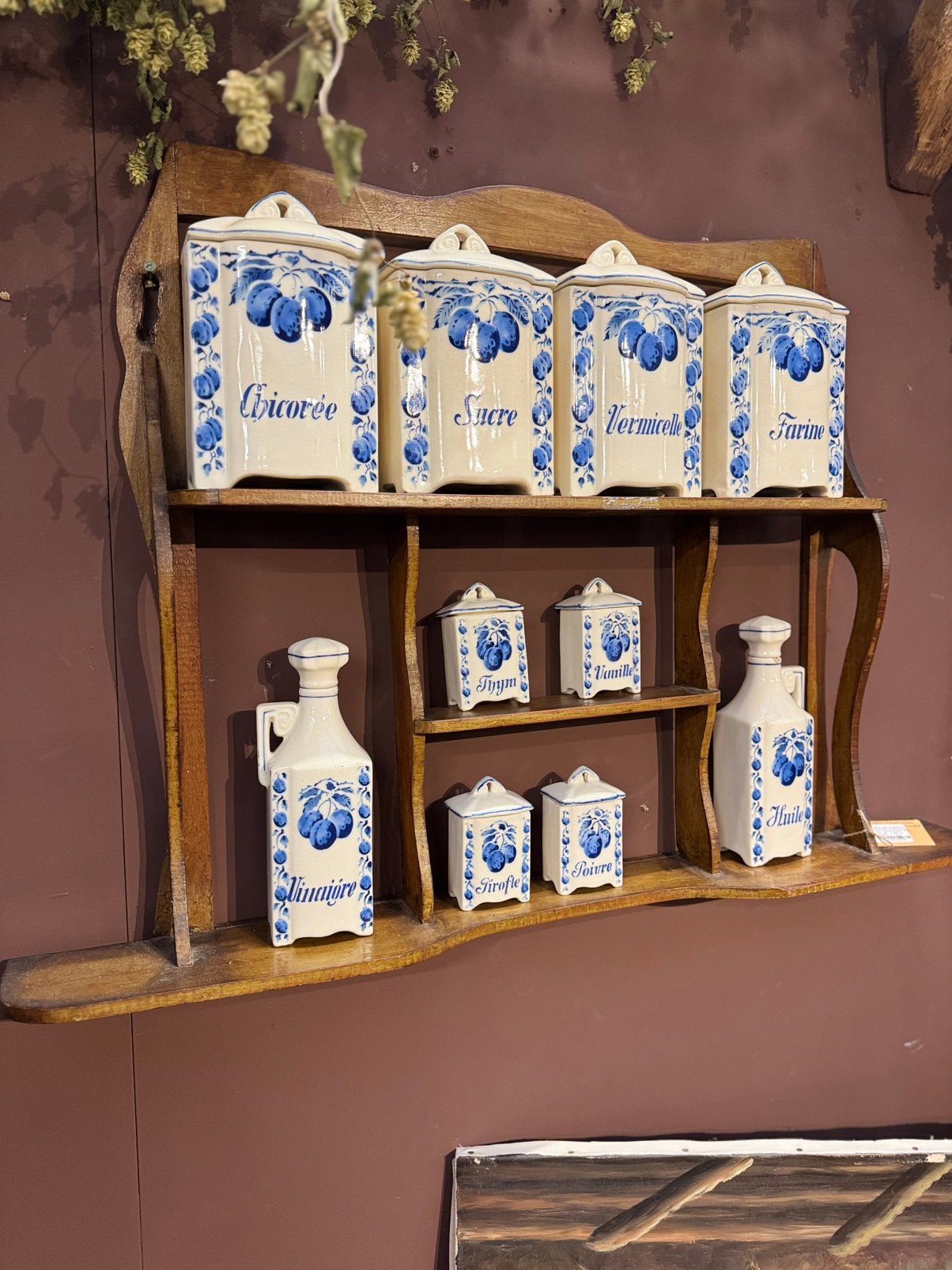 Porselein, voorraad-potten,Frankrijk,blauw/creme,houten rek, Blauw, Zo goed als nieuw, Voorraadpot, Nvt