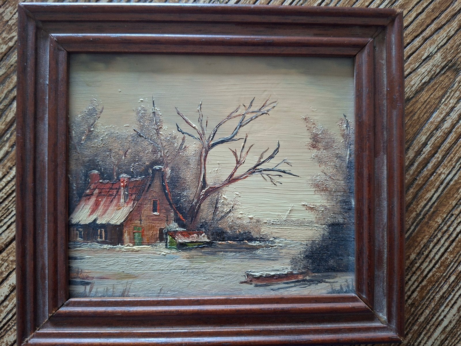 Schilderij met winterlandschap in houten lijst, Antiek en Kunst, Paneel, Realistisch, Ophalen of Verzenden, Landschap