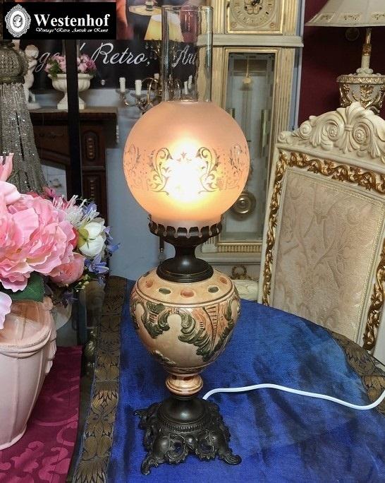 Brocante olielamp grote tafellamp antiek keramiek brons
