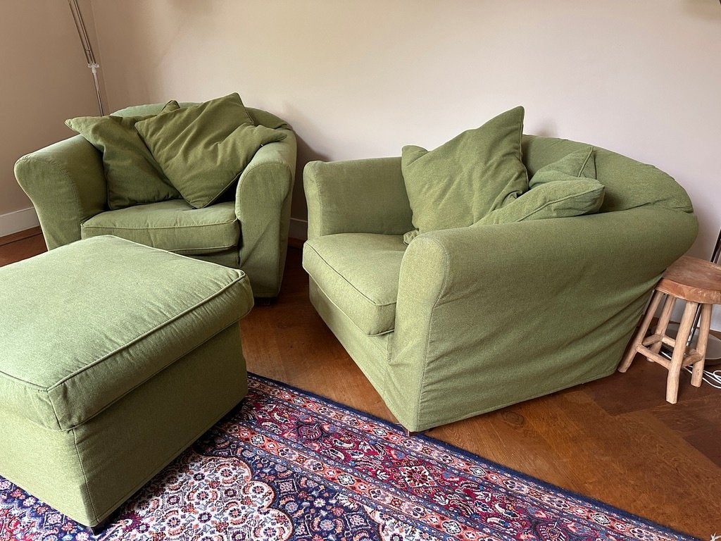 Linteloo 2 fauteuils + hocker – groen, Ophalen, Gebruikt, 75 tot 100 cm, 100 tot 125 cm