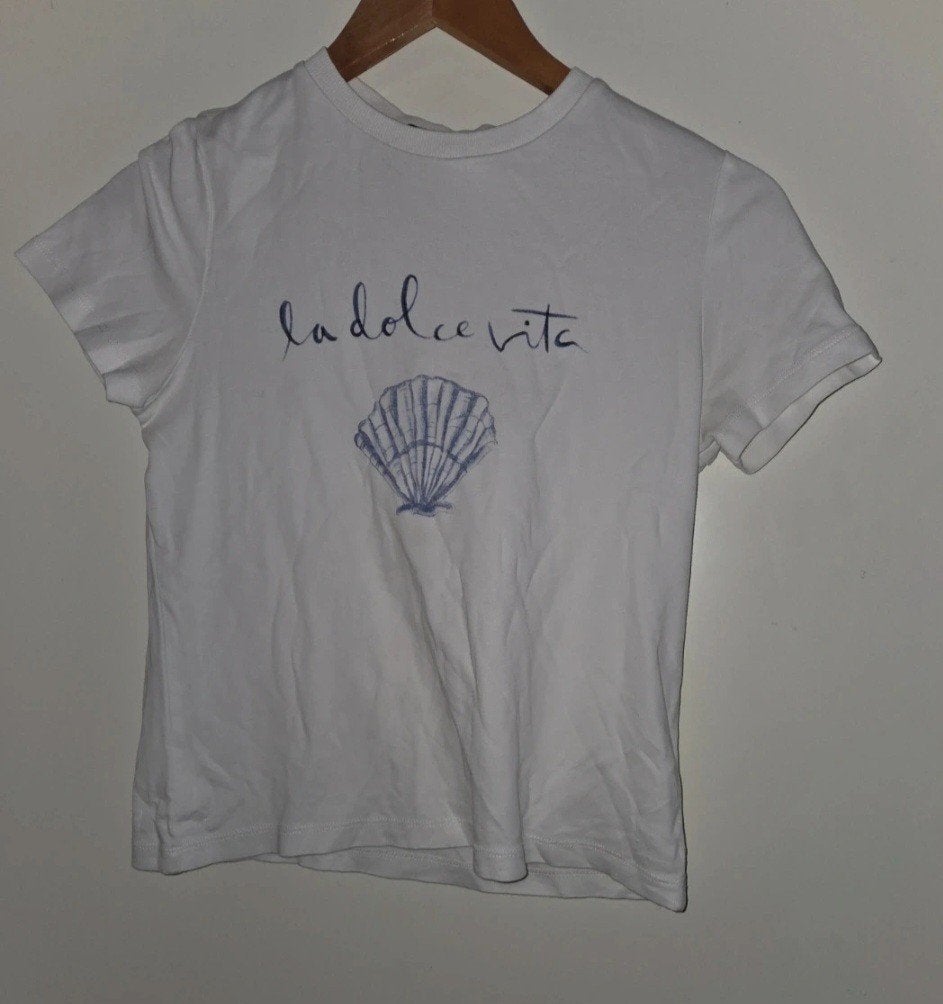 MNG Mango T-shirt XS "La Dolce Vita" met schelp print, Mango, Wit, Ophalen of Verzenden, Korte mouw