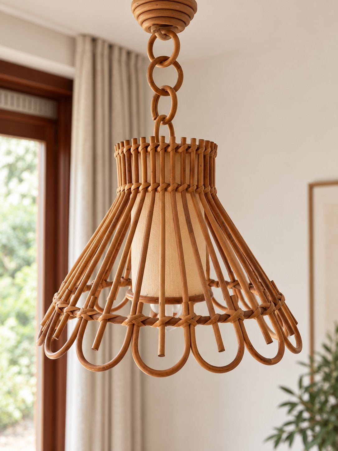 Vintage rotan hanglamp met stoffen kap, Huis en Inrichting, Ophalen, Gebruikt, Natuurlijk materiaal, E27 (groot)