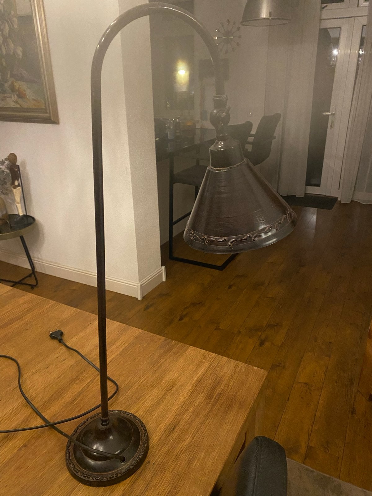 Brons of Koperen Staande Lamp met Gebogen Arm, Ophalen